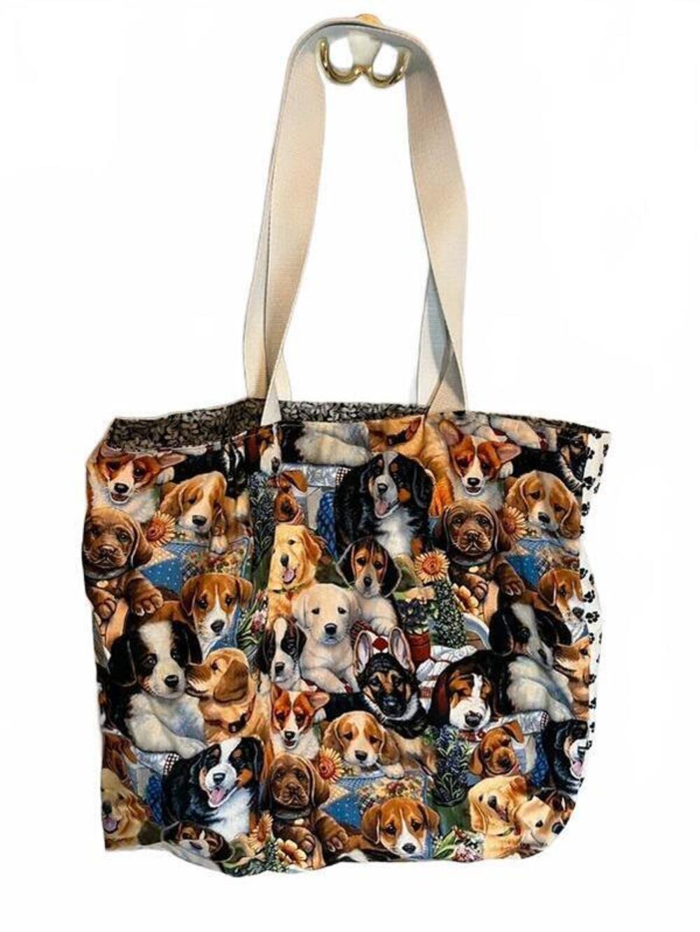 Puppy dog cotton handmade tote bag cottagecore